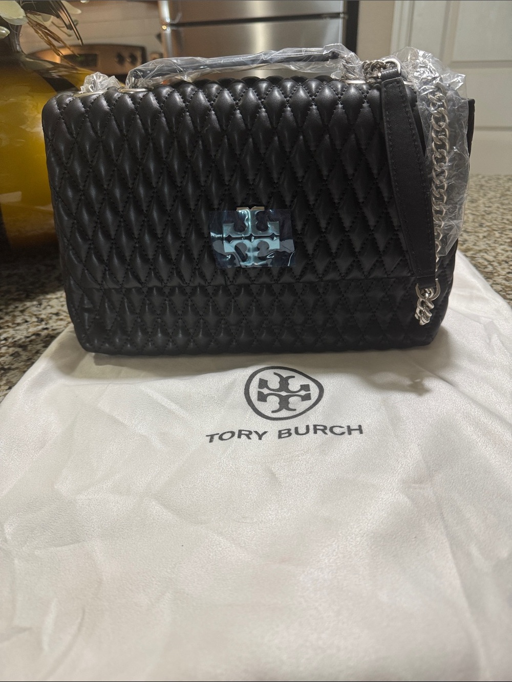 Tory Burch Black Quilted Leather Shoulder Bag with Chain Strap